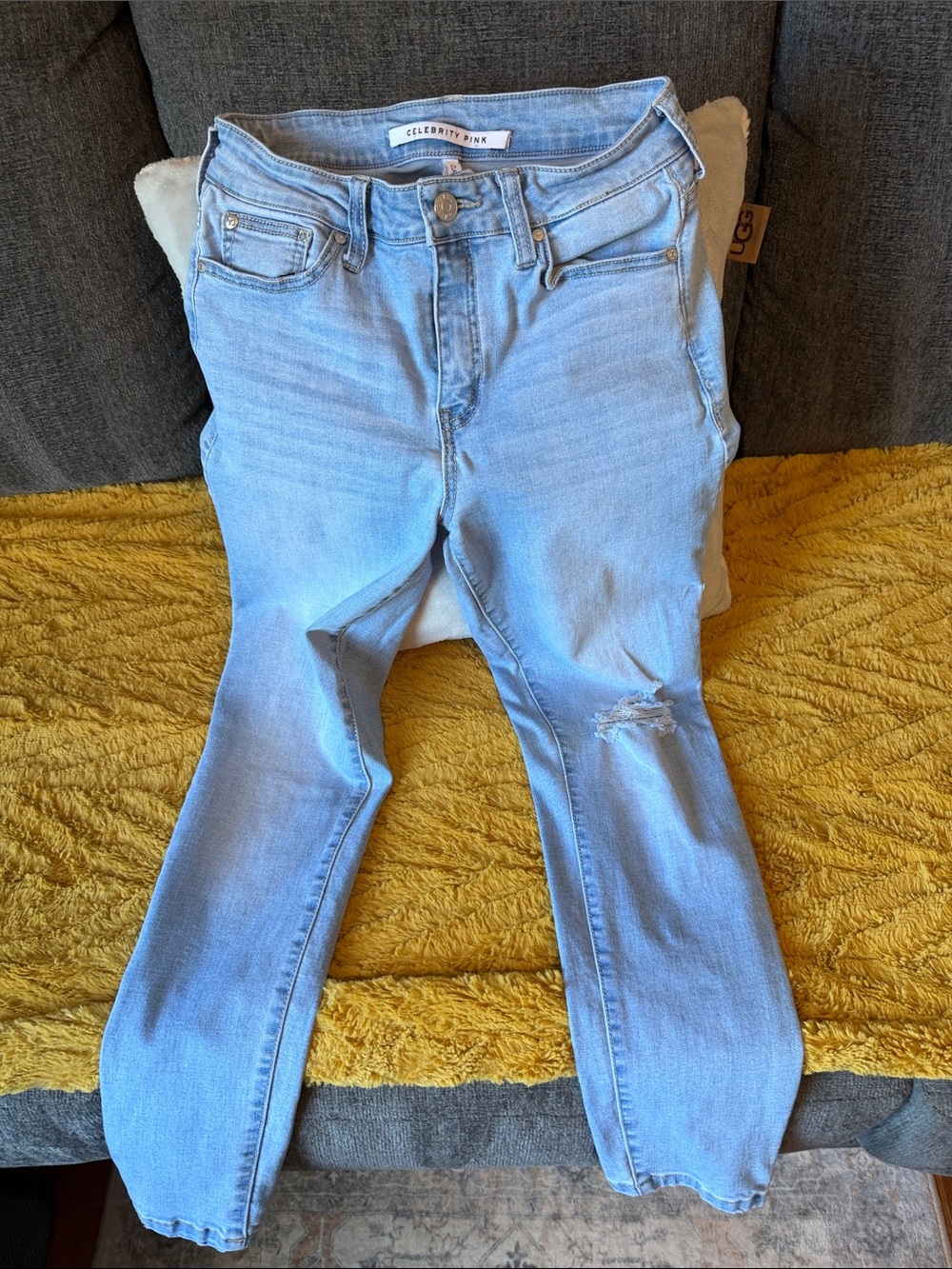 Celebrity Pink Light Wash Boot Cut Jeans with Knee Distress